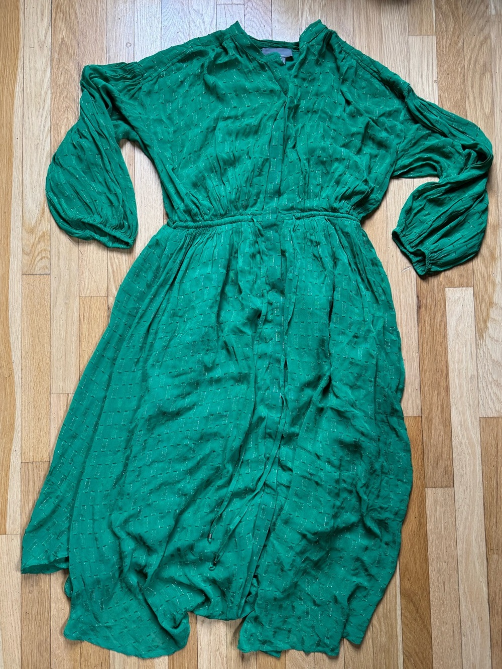Anthropologie Emerald Green Textured Long Sleeve Midi Dress